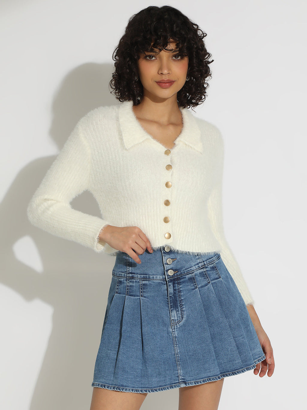 Women's Off White Ribbed Fuzzy Shirt Style Top with Gold Buttons