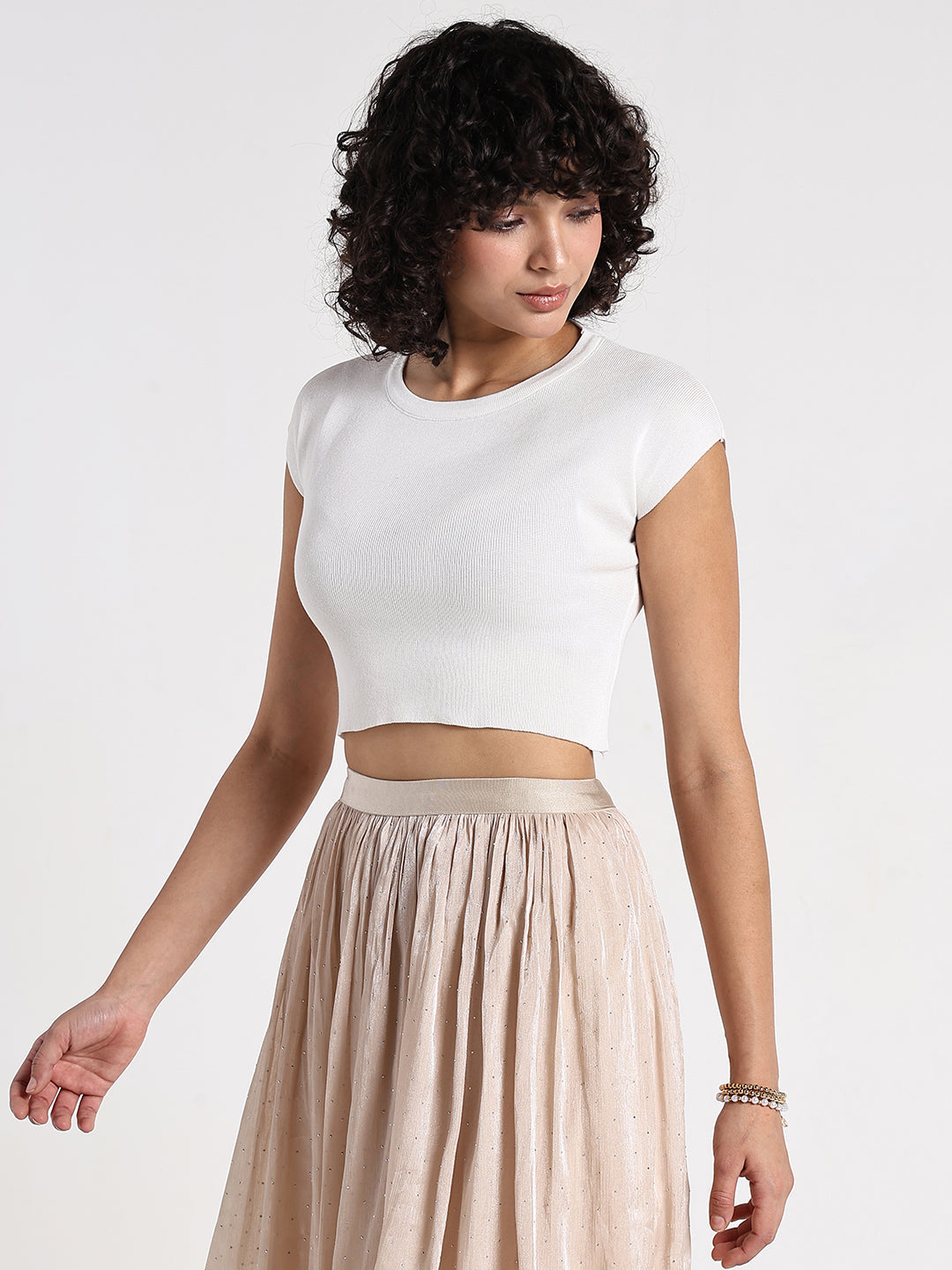Women's White Ribbed Fitted Crop Top