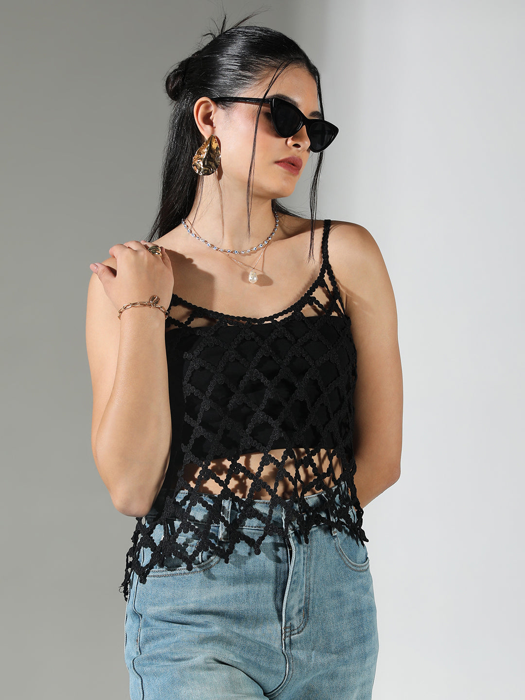 Women's Textured Cut Out Black V-Neck Top