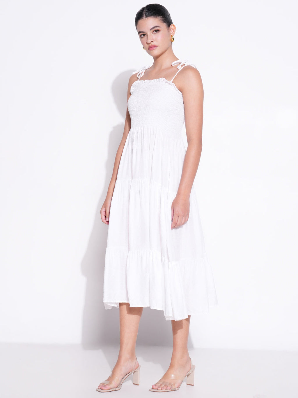 Women's Smocked White Fit and Flare Tiered Midi Dress