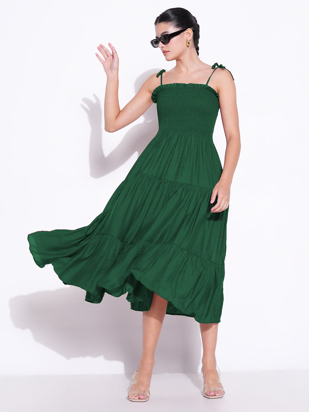 Women's Green Solid Fit and Flare Dress