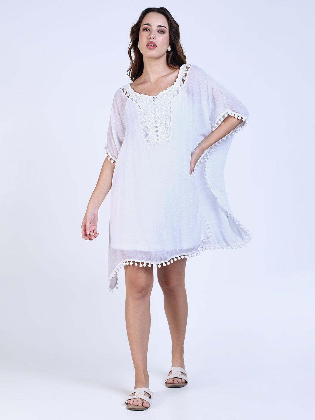 Women's White Cotton Kaftan Dress with Pom-Pom Detail