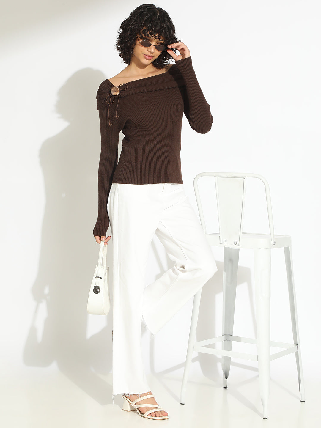 Women's Ribbed Brown Off-Shoulder Top with Shoulder Embellishment