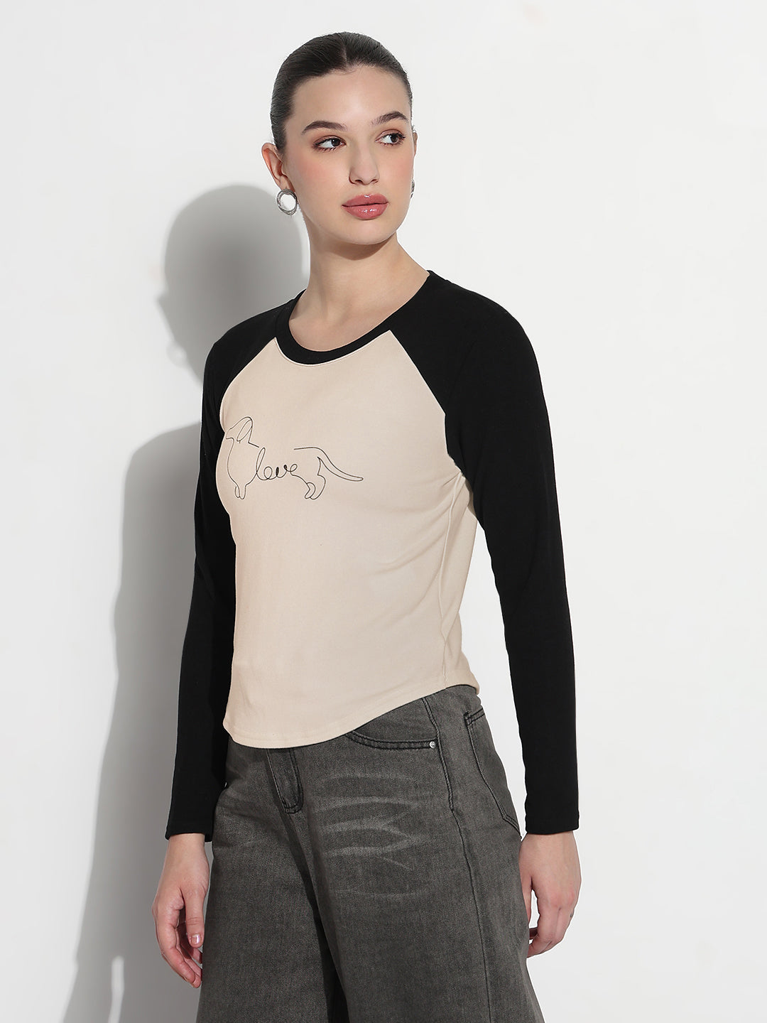 Women's Graphic Cream Round Neck Top