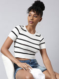 Women's White Striped Round Neck Fitted Crop Top