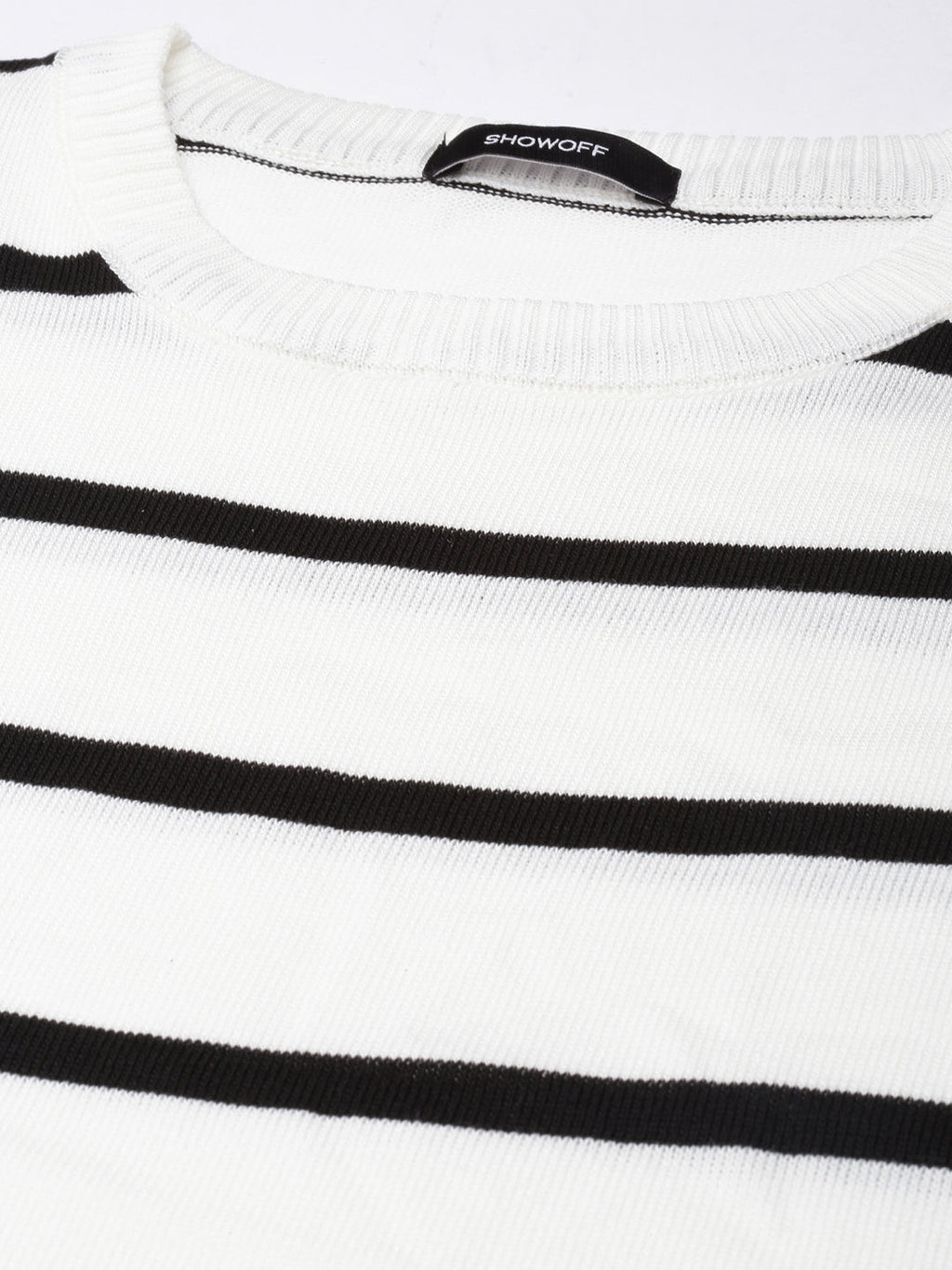 Women's White Striped Round Neck Fitted Crop Top