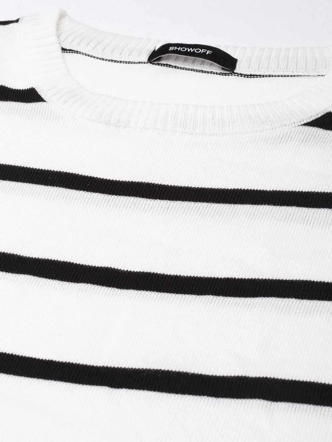 Women's White Striped Round Neck Fitted Crop Top