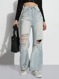Women's Blue Distressed High Rise Wide Leg Jeans