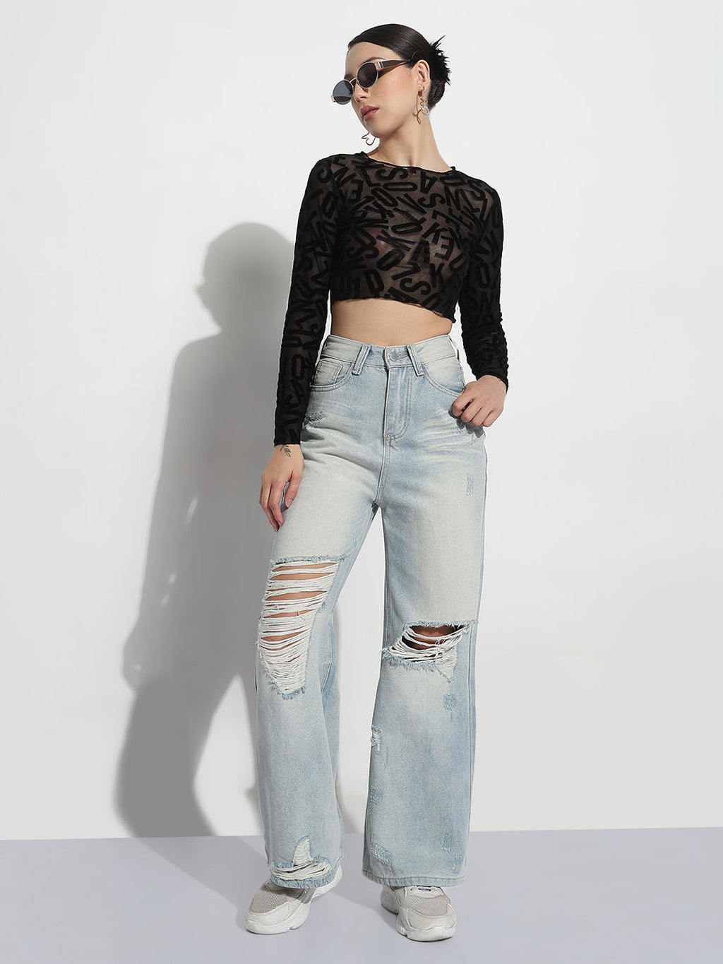 Women's Blue Distressed High Rise Wide Leg Jeans