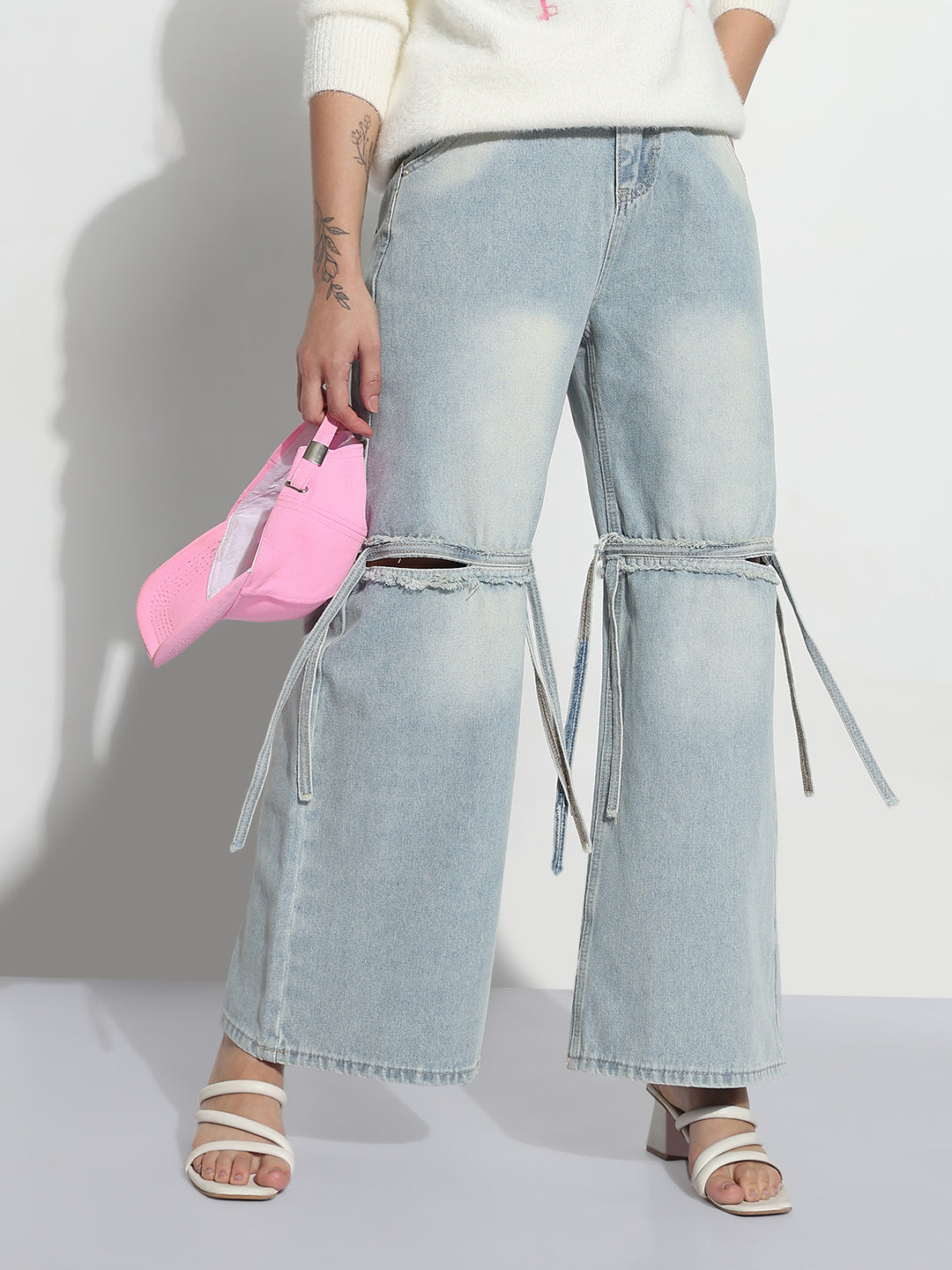 Women's Blue High Rise Distressed Wide Leg Jeans with Tie-up Detail