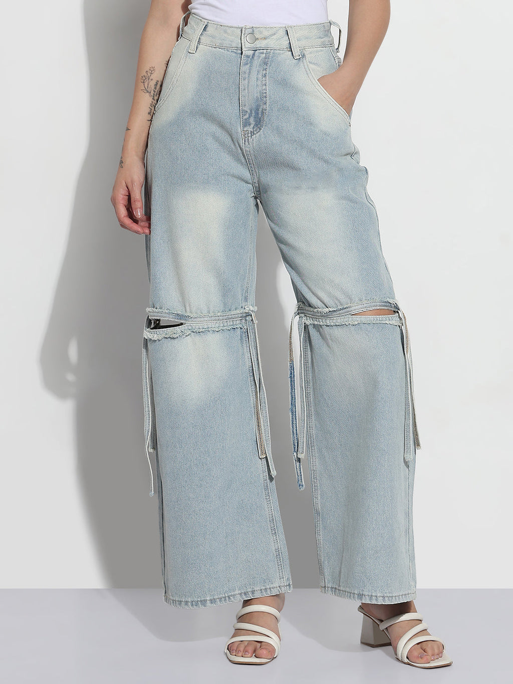 Women's Blue High Rise Distressed Wide Leg Jeans with Tie-up Detail