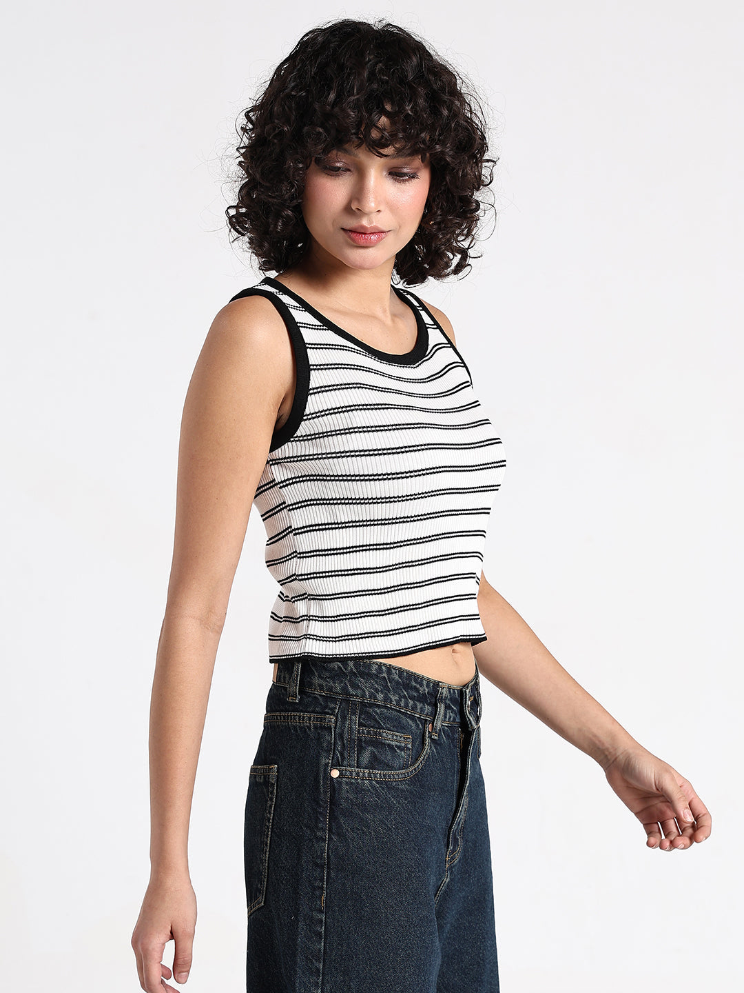 Women's Ribbed White  Striped Tank Top