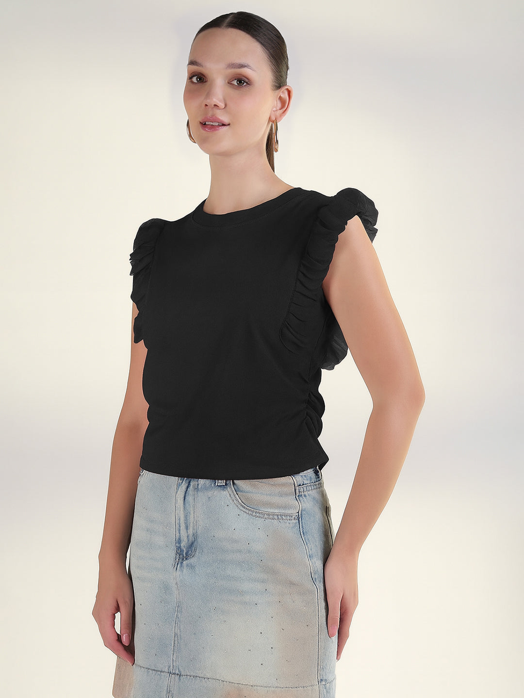 Women's Black Sleeveless Top with Ruffle Hem