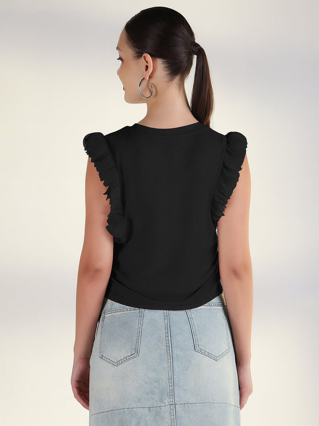 Women's Black Sleeveless Top with Ruffle Hem