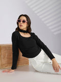 Women’s Black Choker Neck Long Sleeve Ruched Top