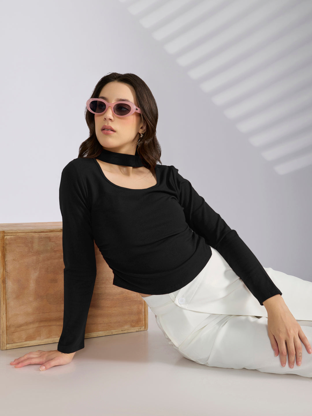 Women’s Black Choker Neck Long Sleeve Ruched Top