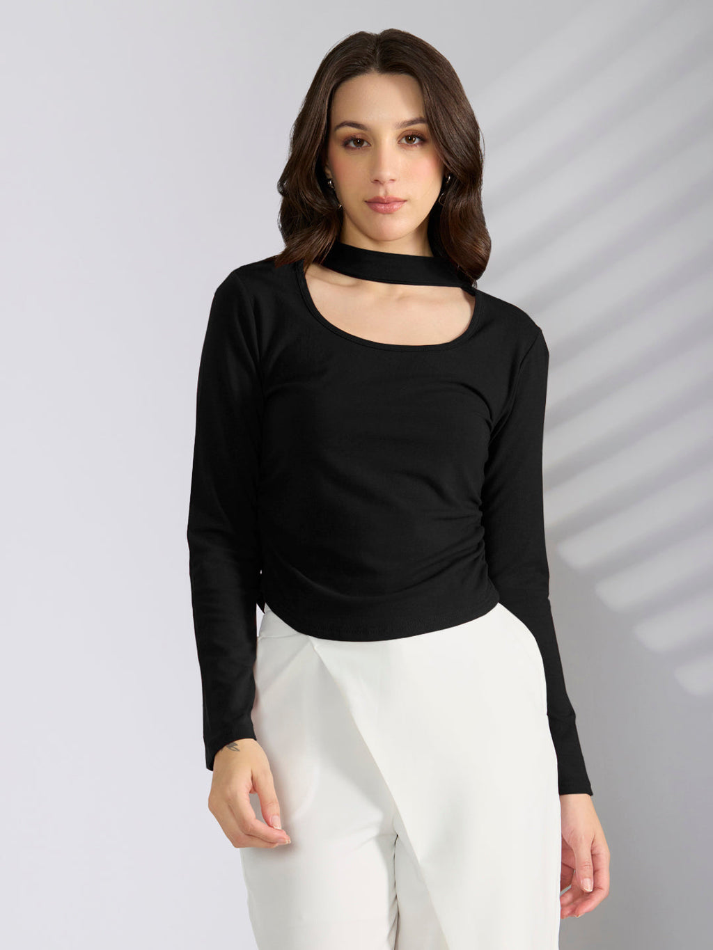 Women’s Black Choker Neck Long Sleeve Ruched Top
