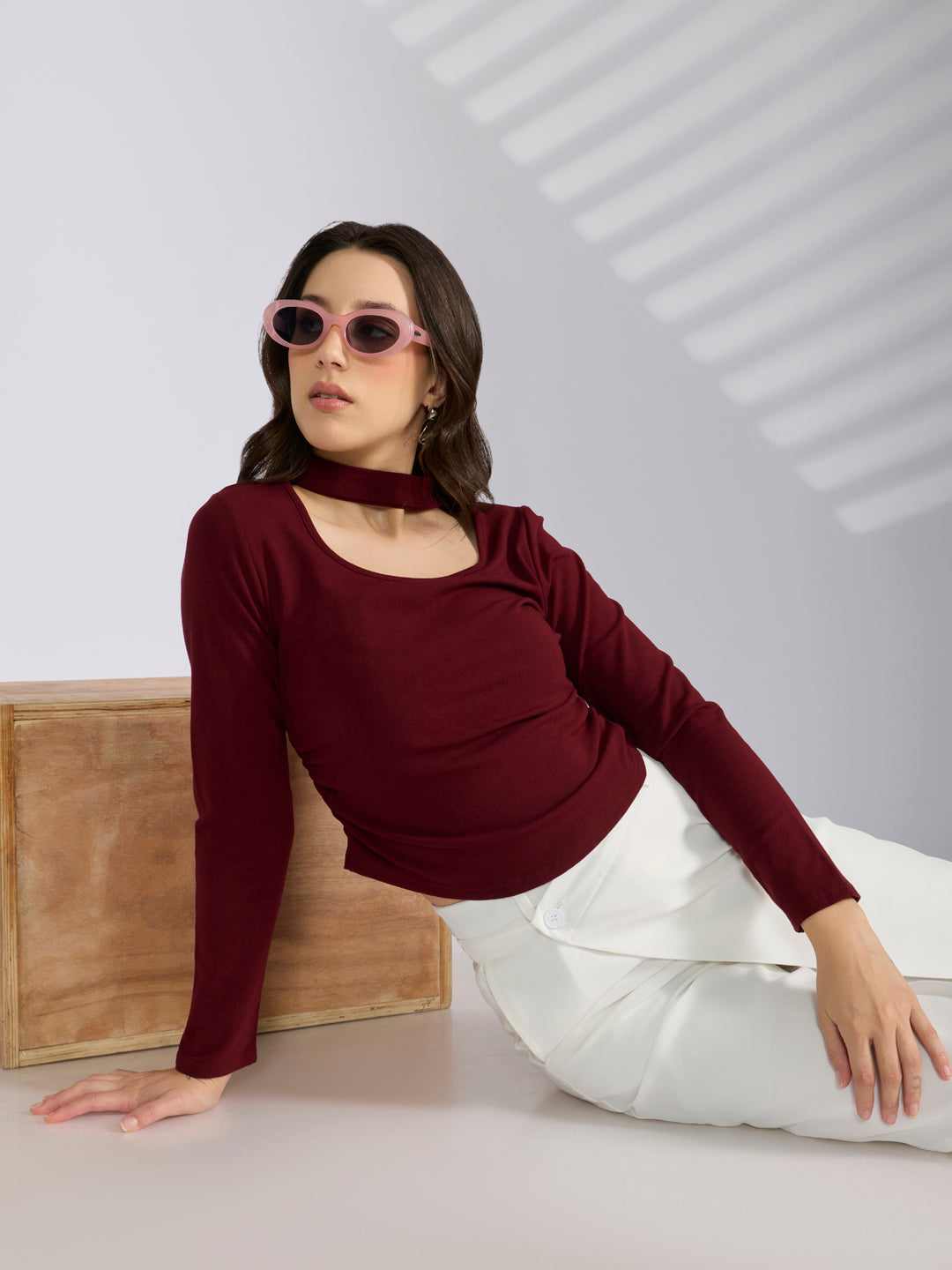 Women's Maroon Choker Neck Long Sleeve Ruched Top