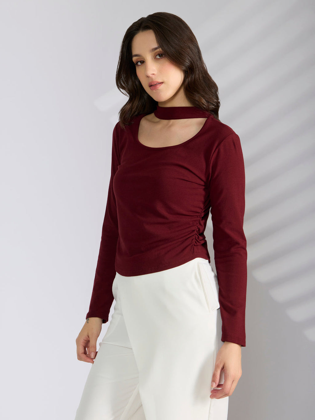 Women's Maroon Choker Neck Long Sleeve Ruched Top