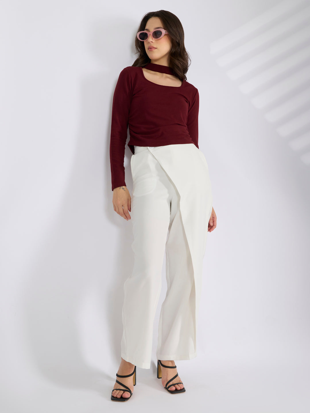 Women's Maroon Choker Neck Long Sleeve Ruched Top