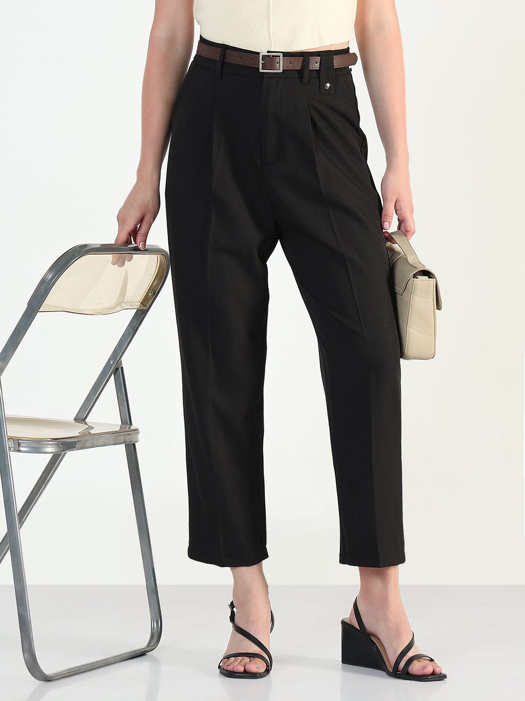 Women's Black Straight Fit Korean Pants with Belt