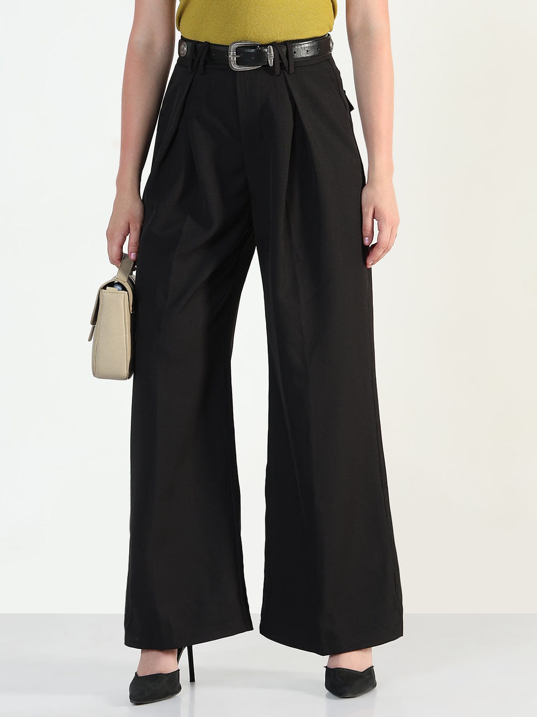 Women's Black Baggy Korean Pants with Belt