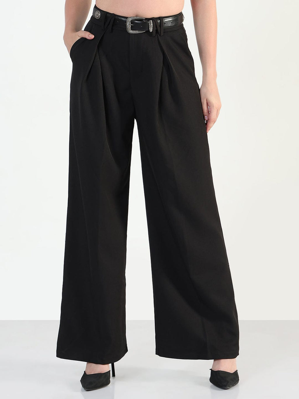 Women's Black Baggy Korean Pants with Belt