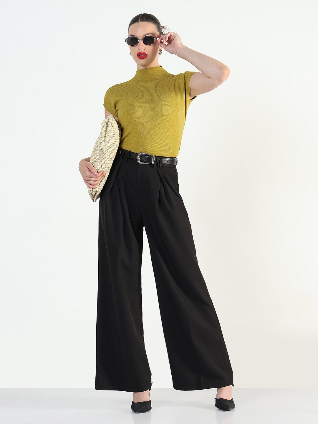 Women's Black Baggy Korean Pants with Belt