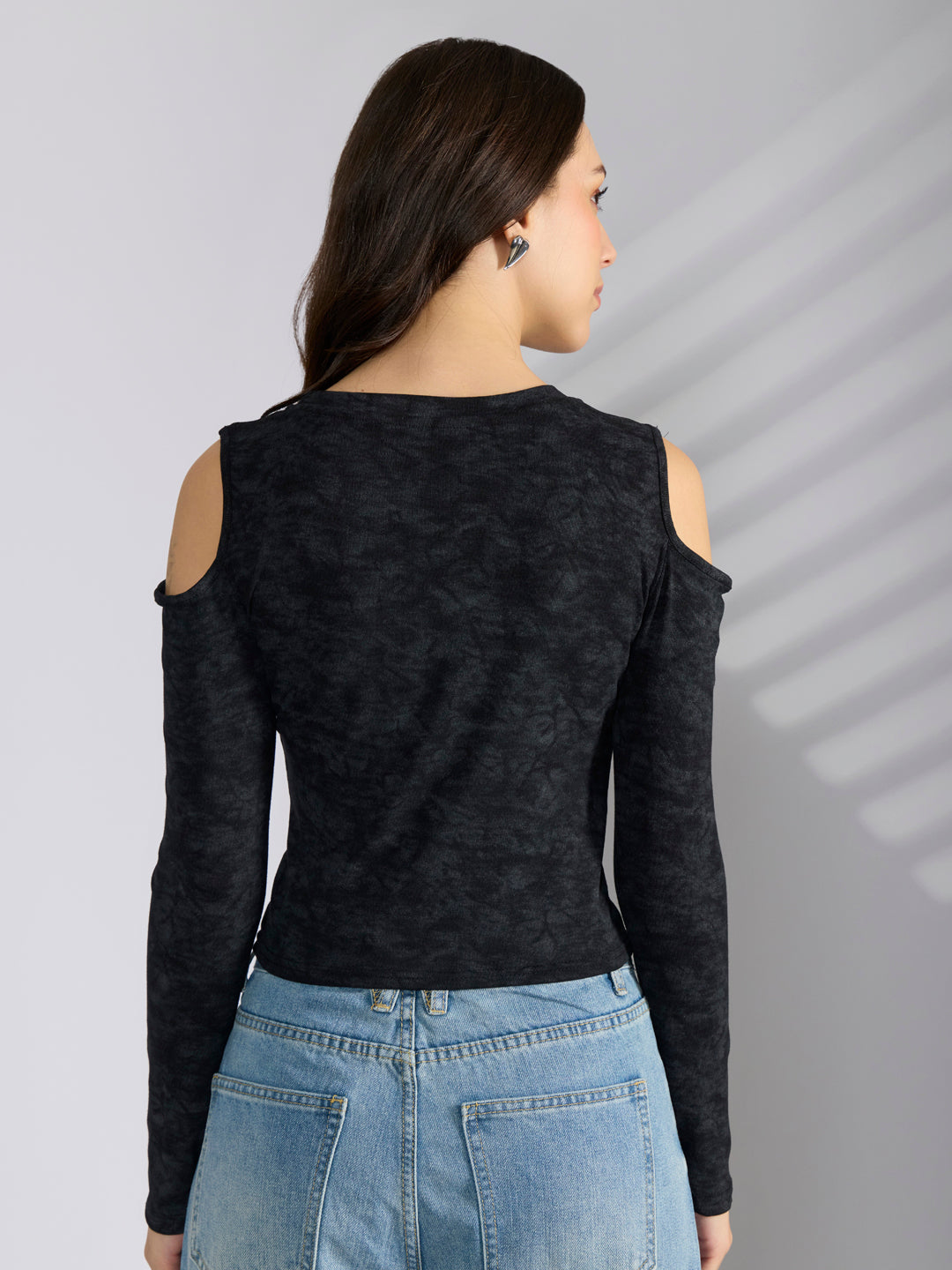 Women’s Charcoal Cold Shoulder Cut Out with Metal Ring Desig Long Sleeve Top