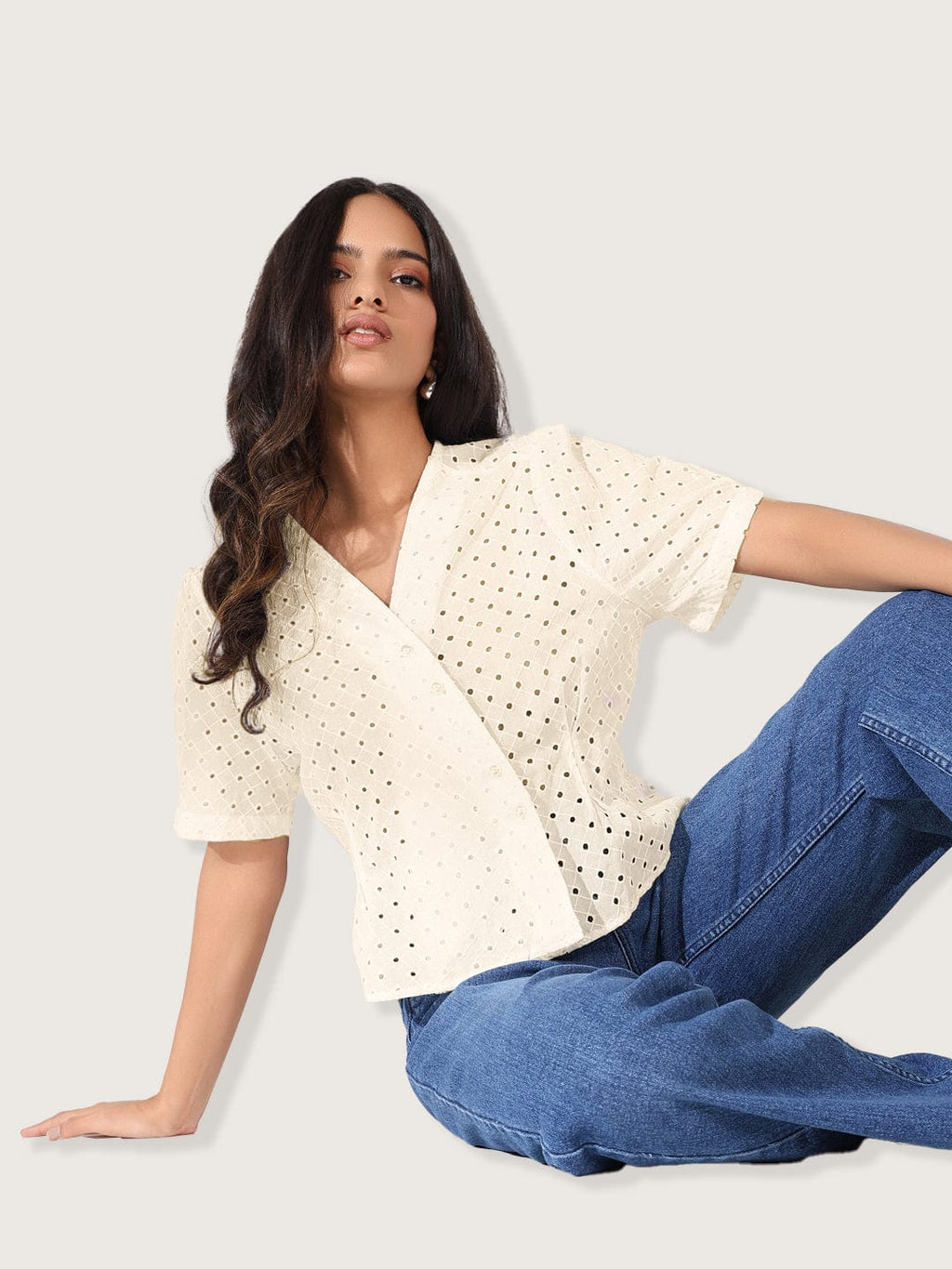 Women's Cream V-Neck Top