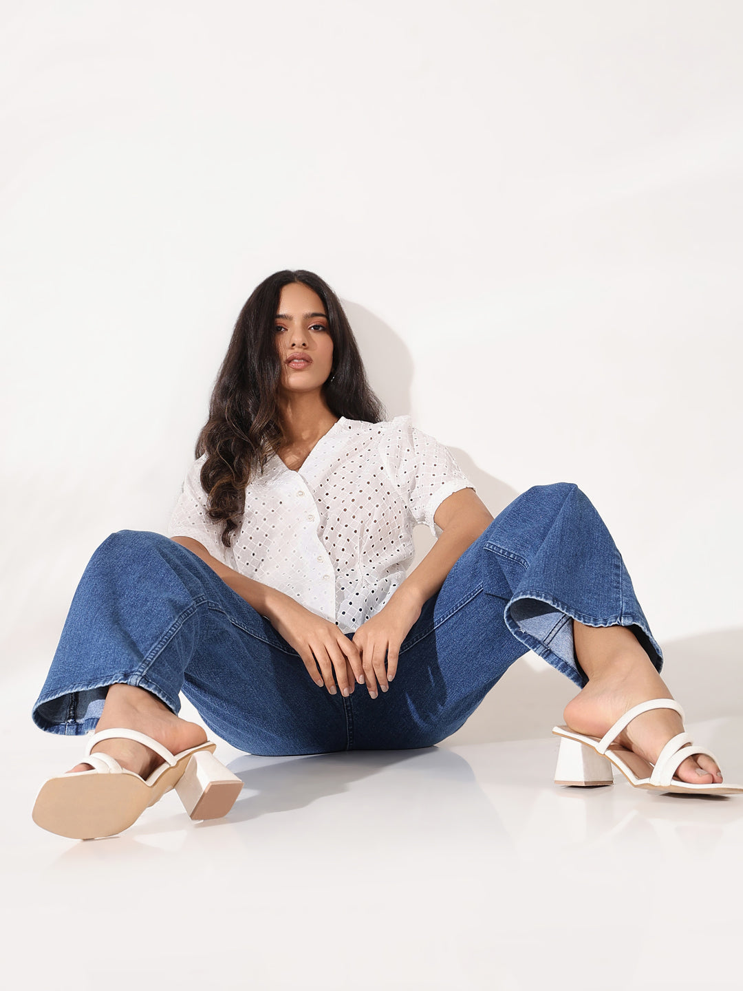 Women's Off White Solid Schiffli Top