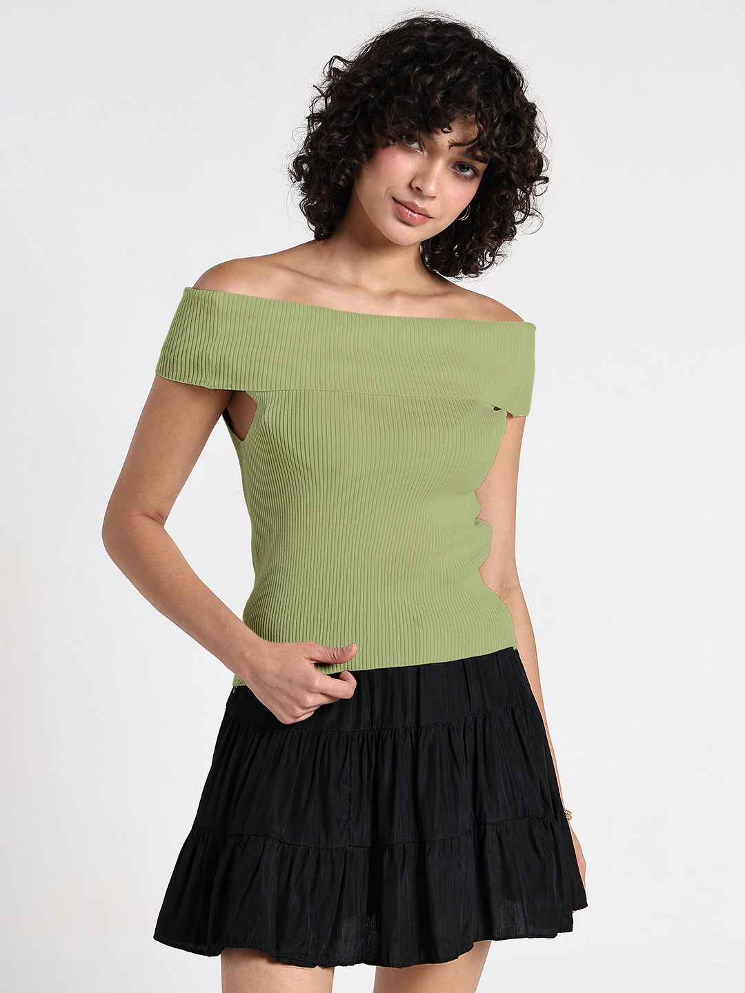 Women's Ribbed Green Off-Shoulder Top