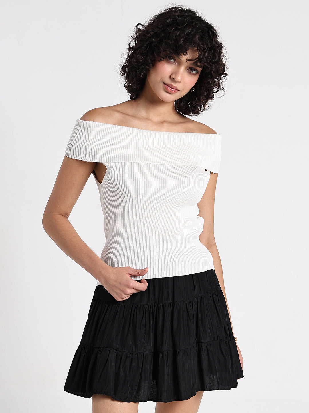 Women's Ribbed White Off-Shoulder Top