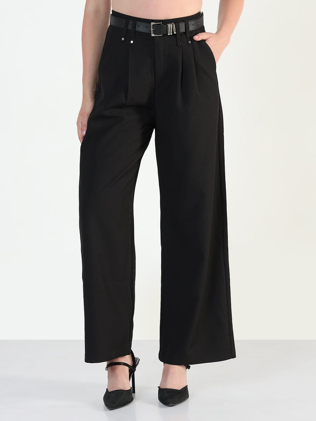 Women's Black Straight Fit Trousers with Belt