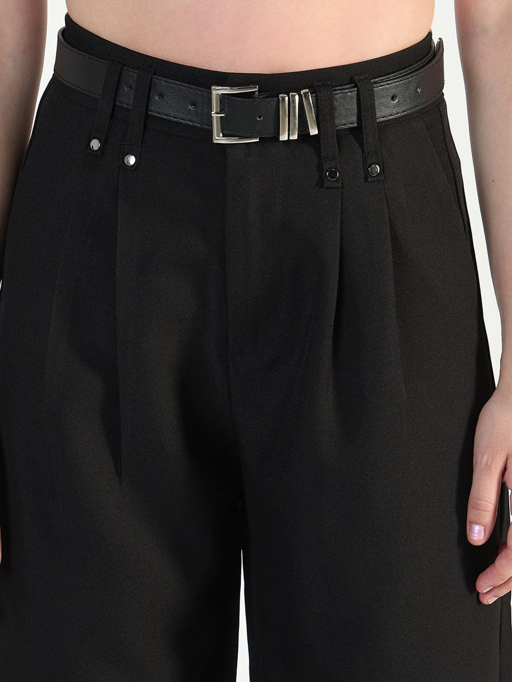 Women's Black Straight Fit Trousers with Belt