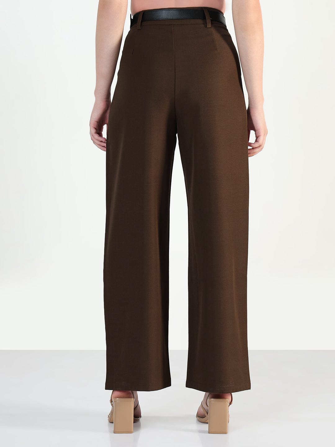 Women's Brown Straight Fit Trousers with Belt