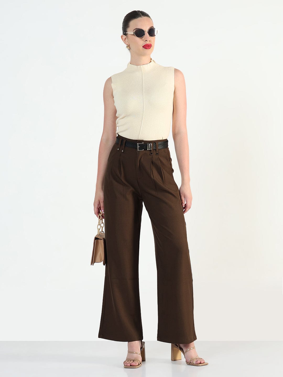 Women's Brown Straight Fit Trousers with Belt
