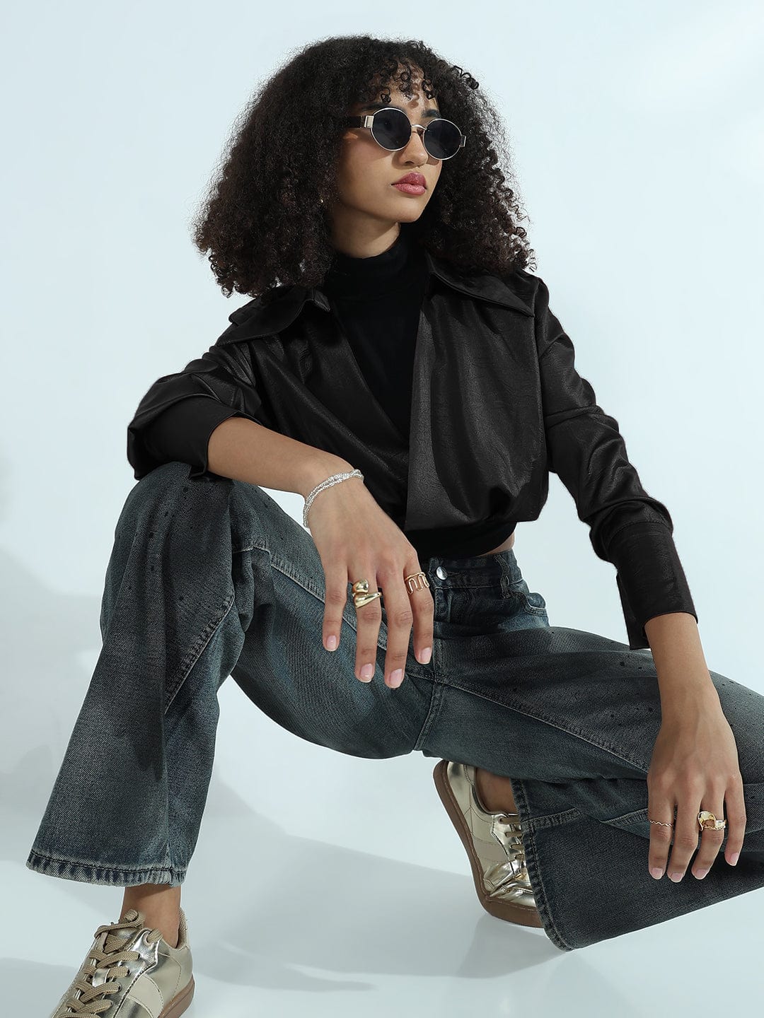 Women's Black Faux Leather Shirt Style Crop Top