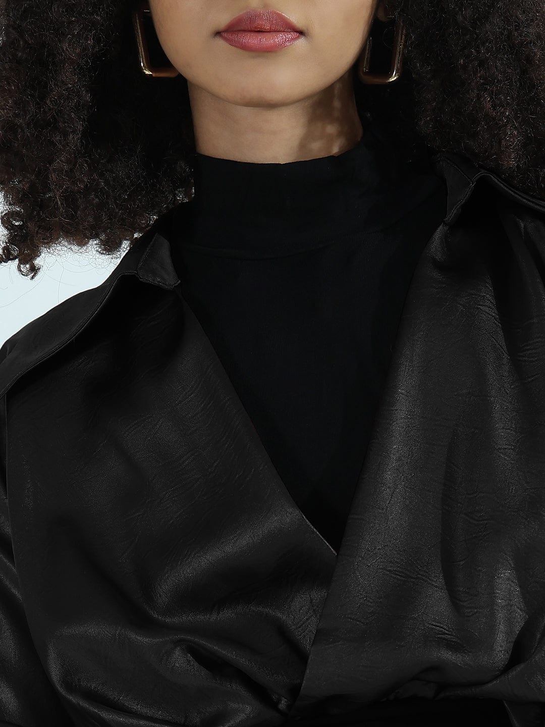Women's Black Faux Leather Shirt Style Crop Top