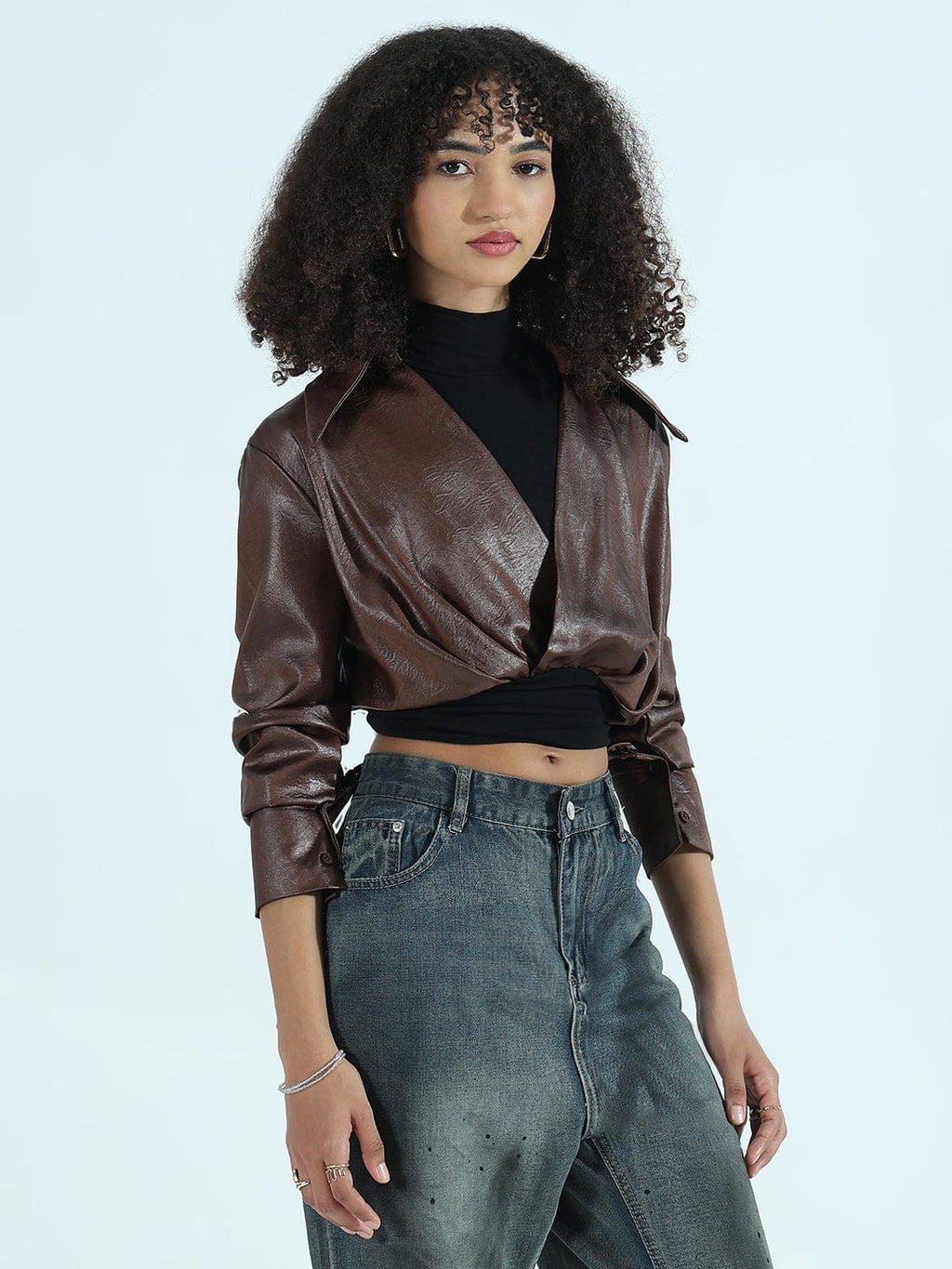 Women's Brown Faux Leather Shirt Style Crop Top