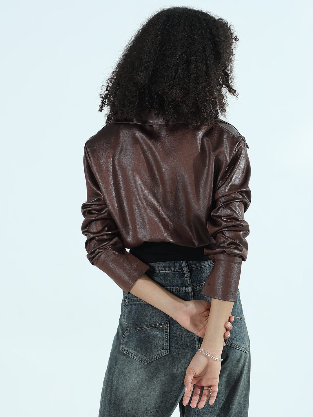 Women's Brown Faux Leather Shirt Style Crop Top
