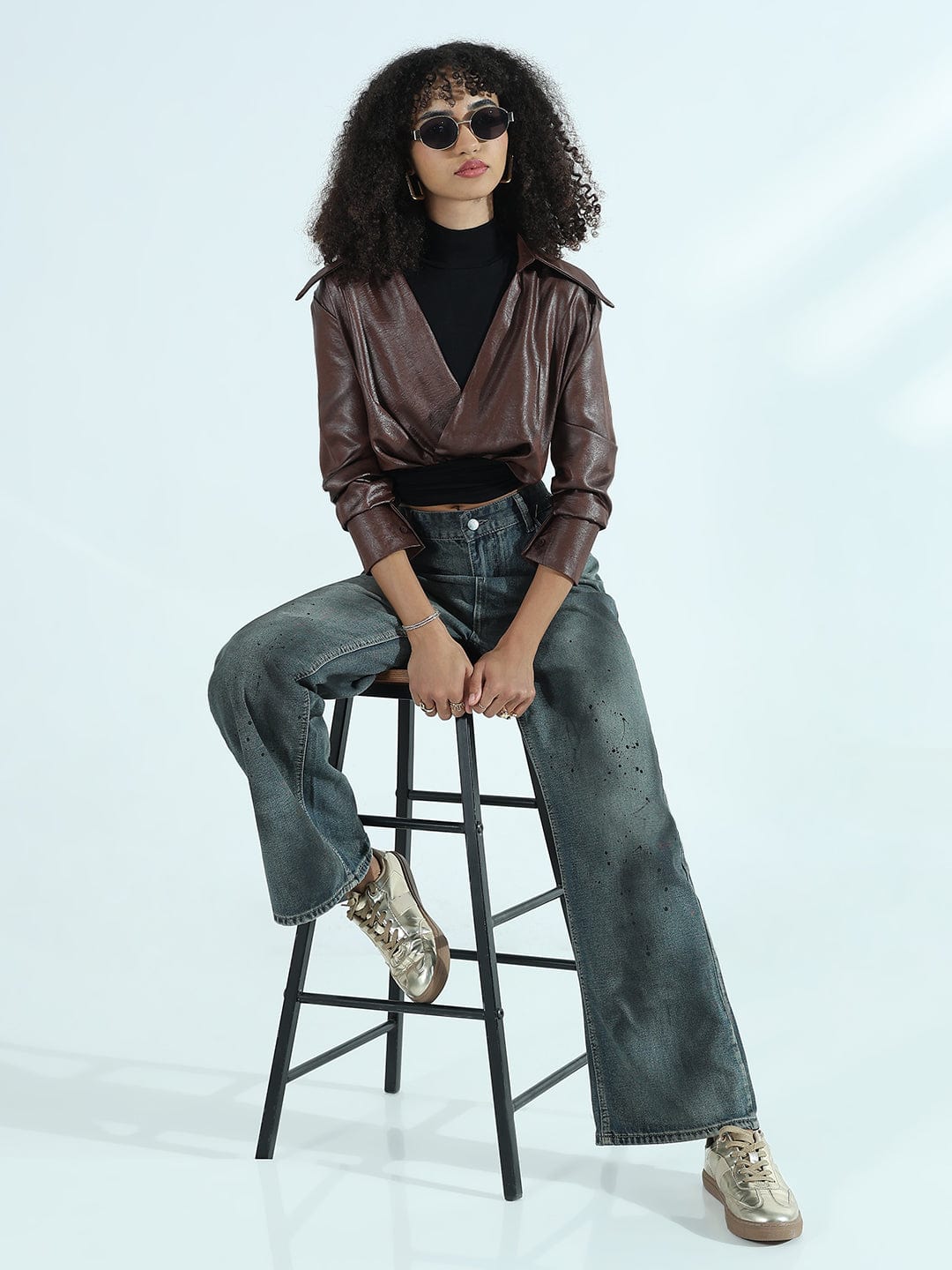 Women's Brown Faux Leather Shirt Style Crop Top