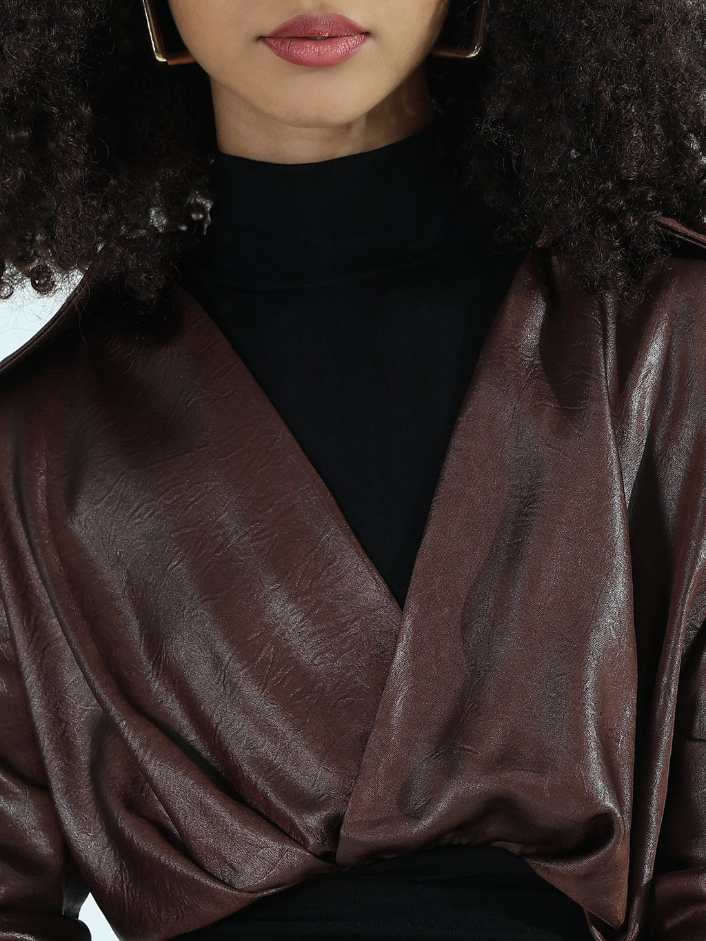 Women's Brown Faux Leather Shirt Style Crop Top