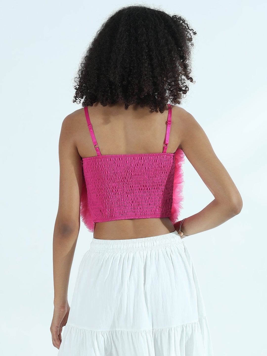 Women's Ruffle Pink Net Crop Top with Shoulder Straps