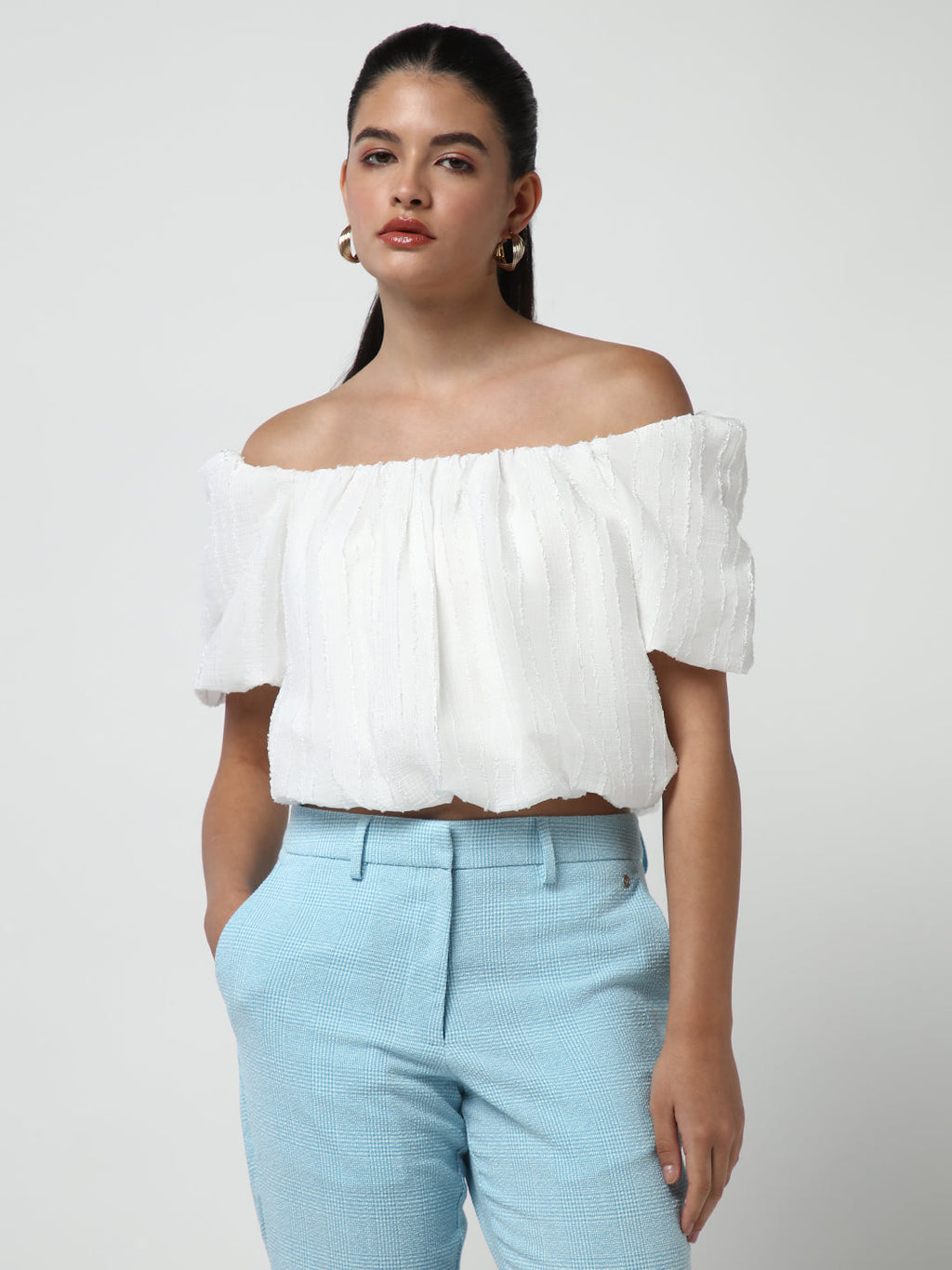 Women's White Off-Shoulder Puff Sleeve Blouson Crop Top