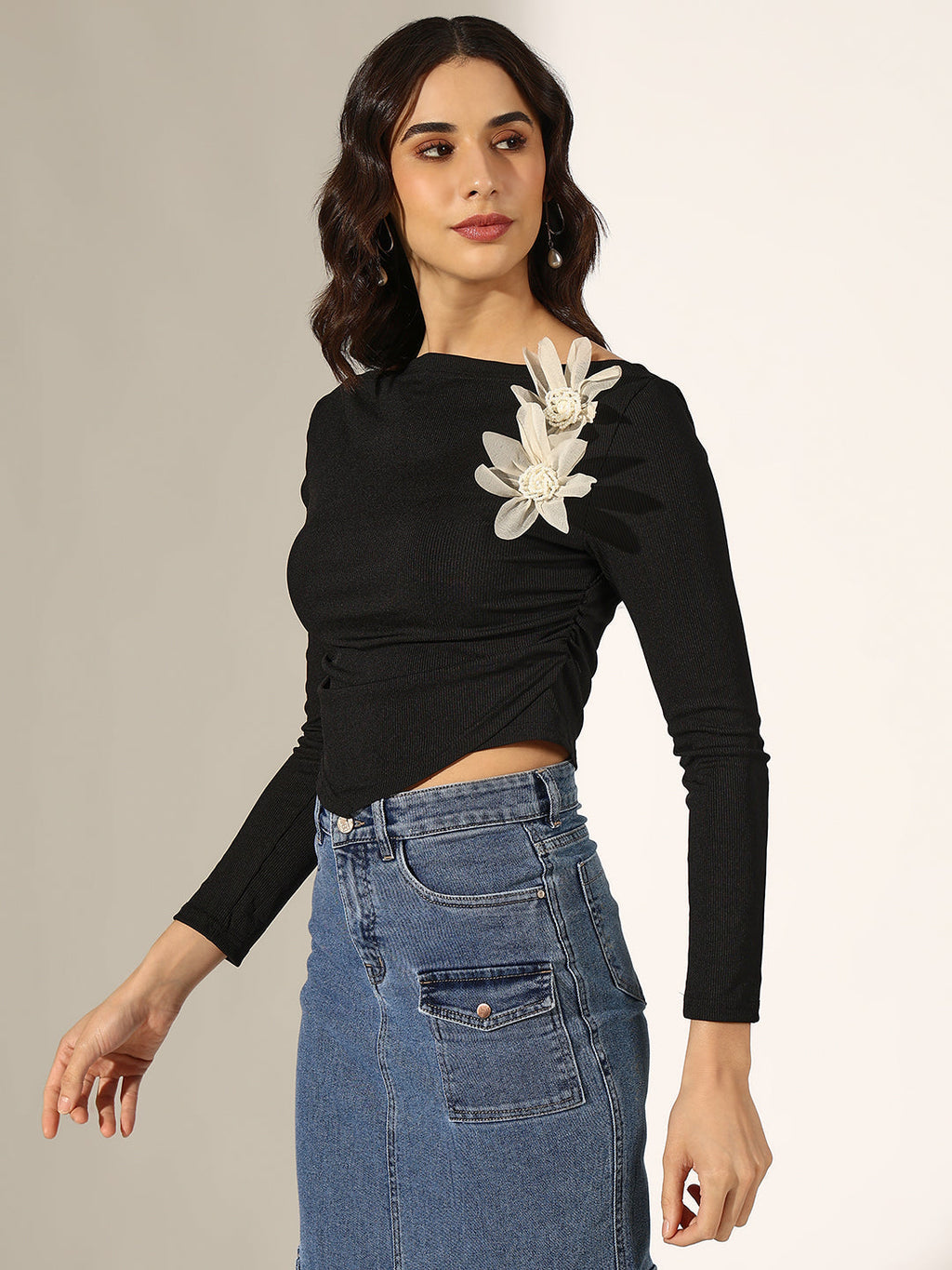 Women's Ribbed Black Ruched Top with Flower Applique Detail