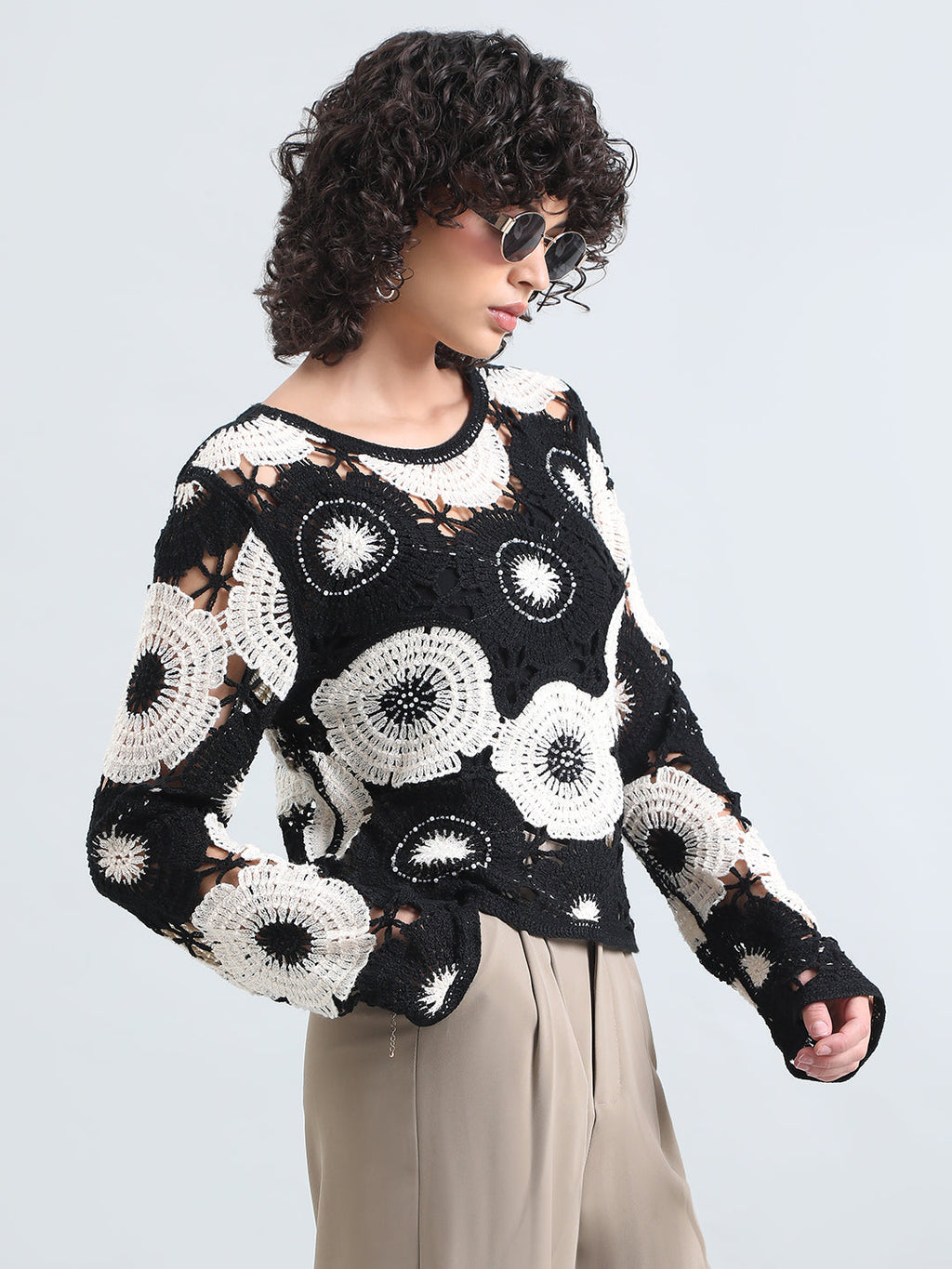 Women's Floral Black and White Crochet Top