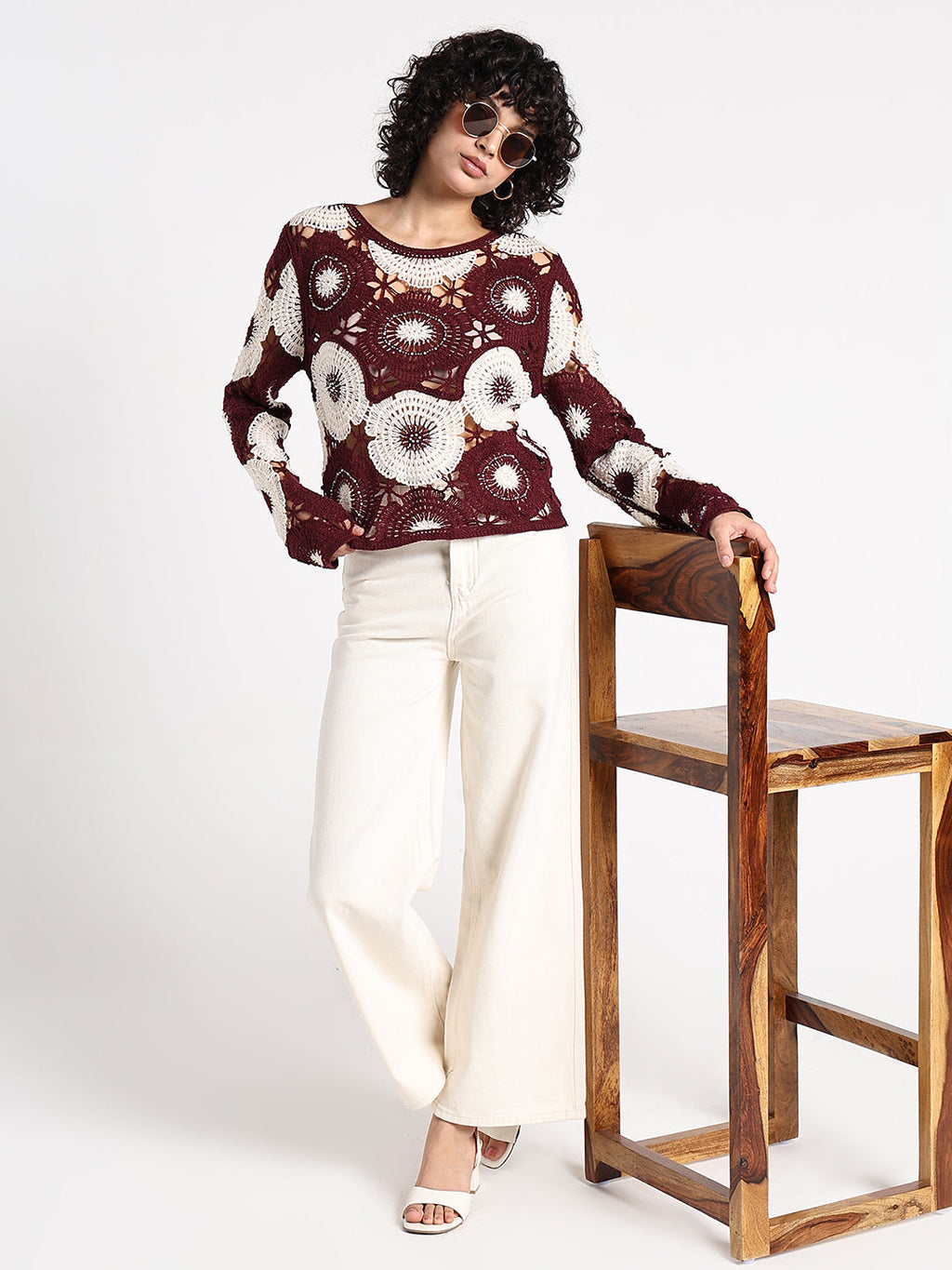 Women's Floral Maroon Crochet Top