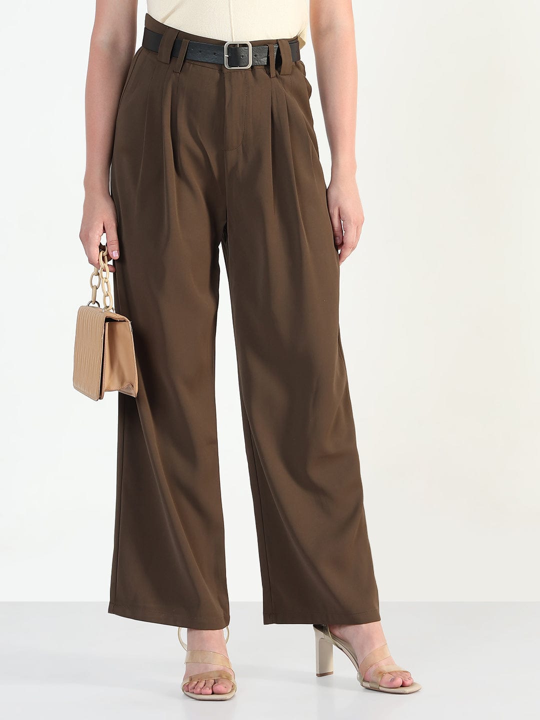Women's Brown Straight Fit Trousers with Belt