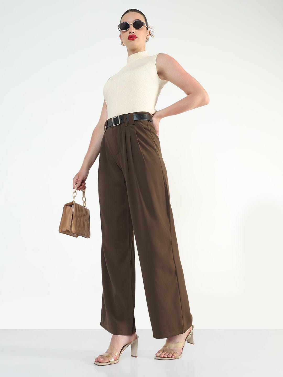 Women's Brown Straight Fit Trousers with Belt